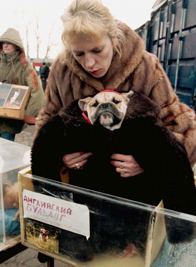 1996년 상트페테르부르크 골목 시장에서 한 여인이 개를 팔고 있는 모습. 연합뉴스