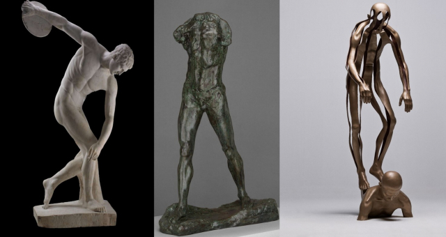 왼쪽부터 미론의 '원반 던지는 사람'(기원전 5세기), 로댕의 '걷고 있는 사람'(1905년), 김영원의 '중력 무중력 88-2'(1988년)
